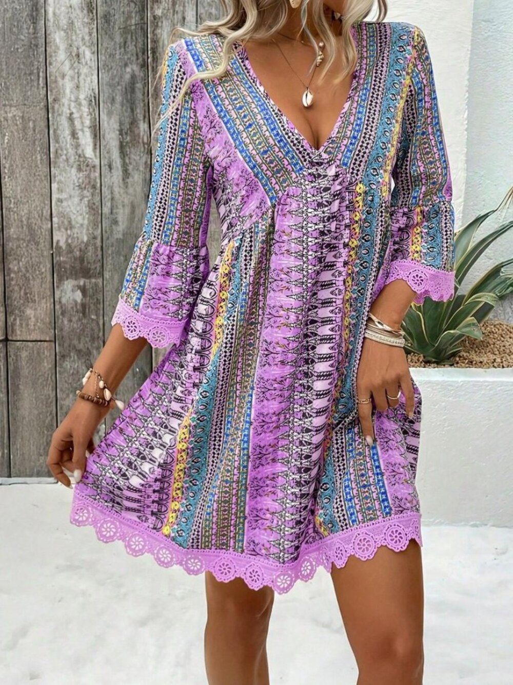 Multicolor Purple Printed V-Neck A-Line Dress
